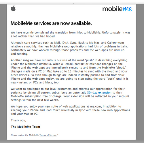 Apple Apologizes for MobileMe – Stops using ‘Push’ word, 30 free days extension!